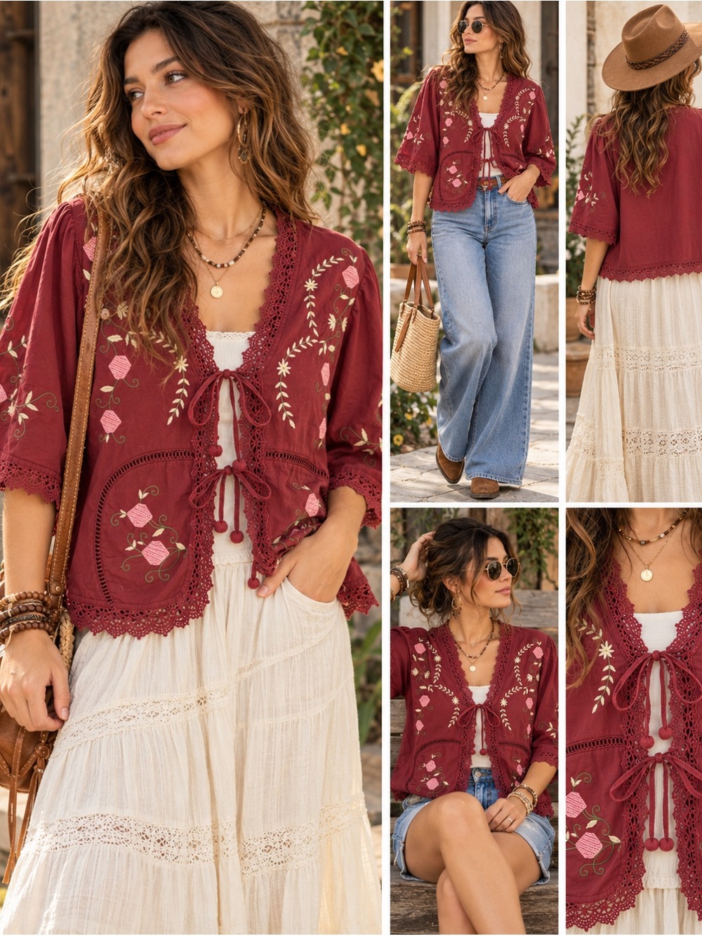 Jennifer & Grace Women’s L Burgundy Embroidered Boho Tie Front Lace Blouse